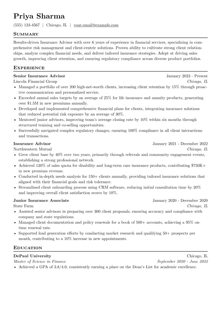Insurance Advisor Resume Example preview