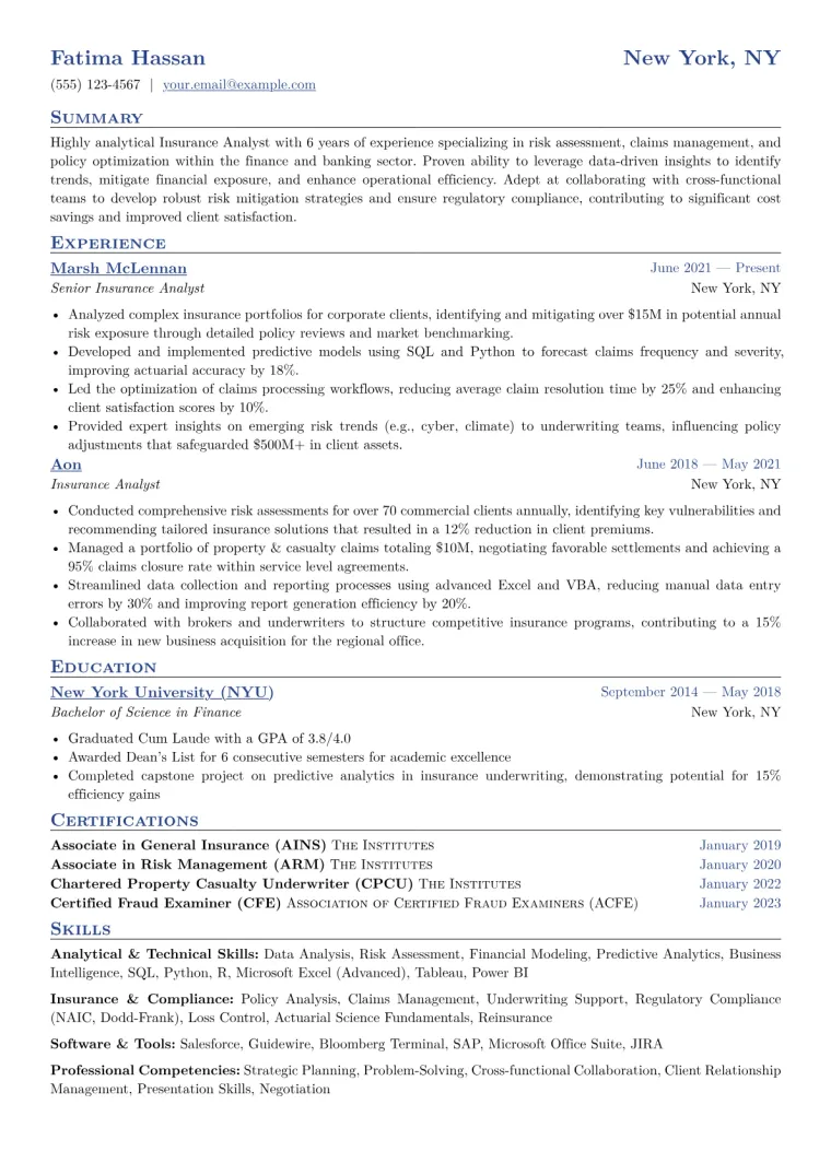 Insurance Analyst Resume Example CV template preview