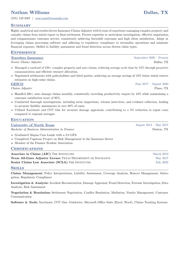 Insurance Claims Adjuster Resume Example CV template preview