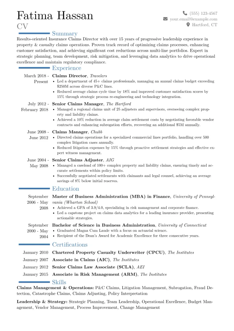 Insurance Claims Director Resume Example CV template preview