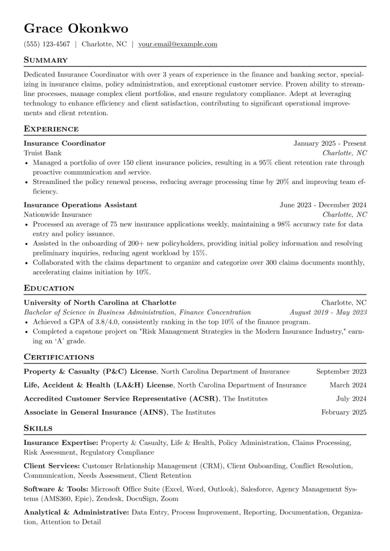 Insurance Coordinator Resume Example CV template preview