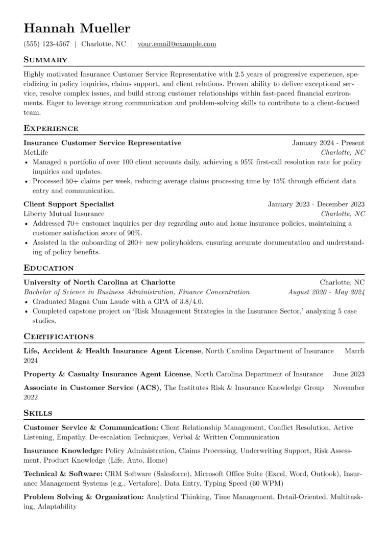 Insurance Customer Service Representative Resume Example CV template preview