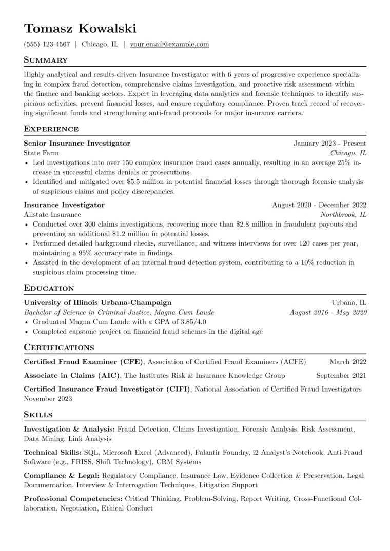 Insurance Investigator Resume Example CV template preview