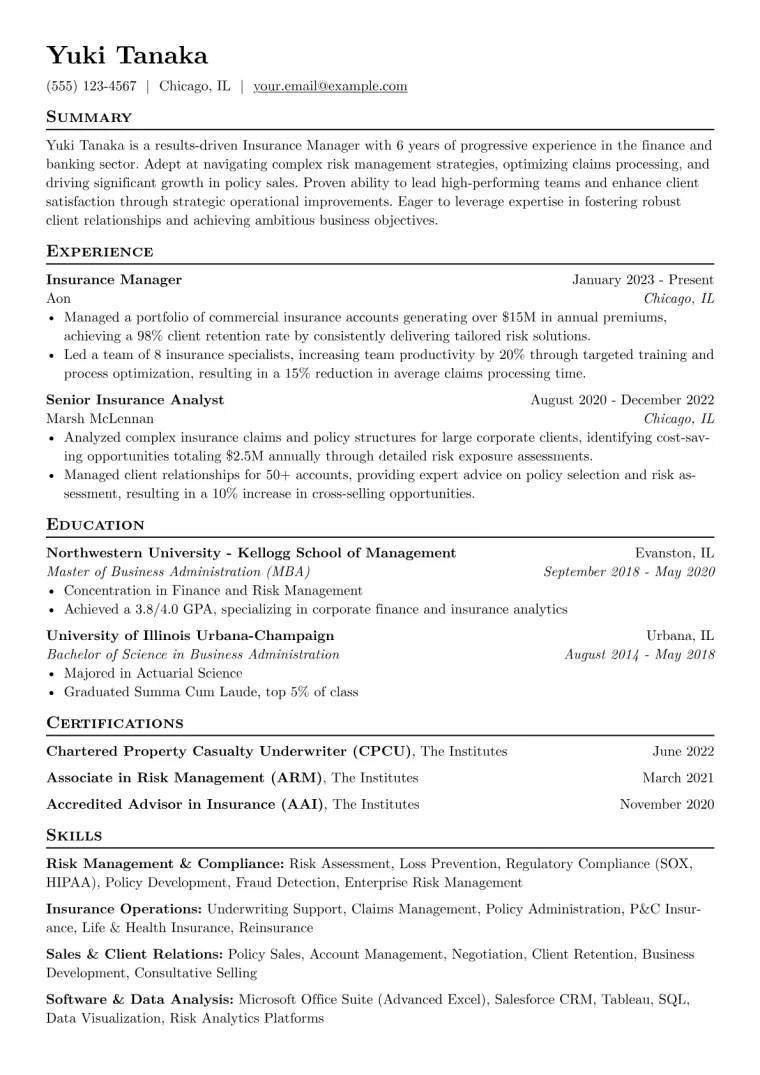 Insurance Manager Resume Example CV template preview