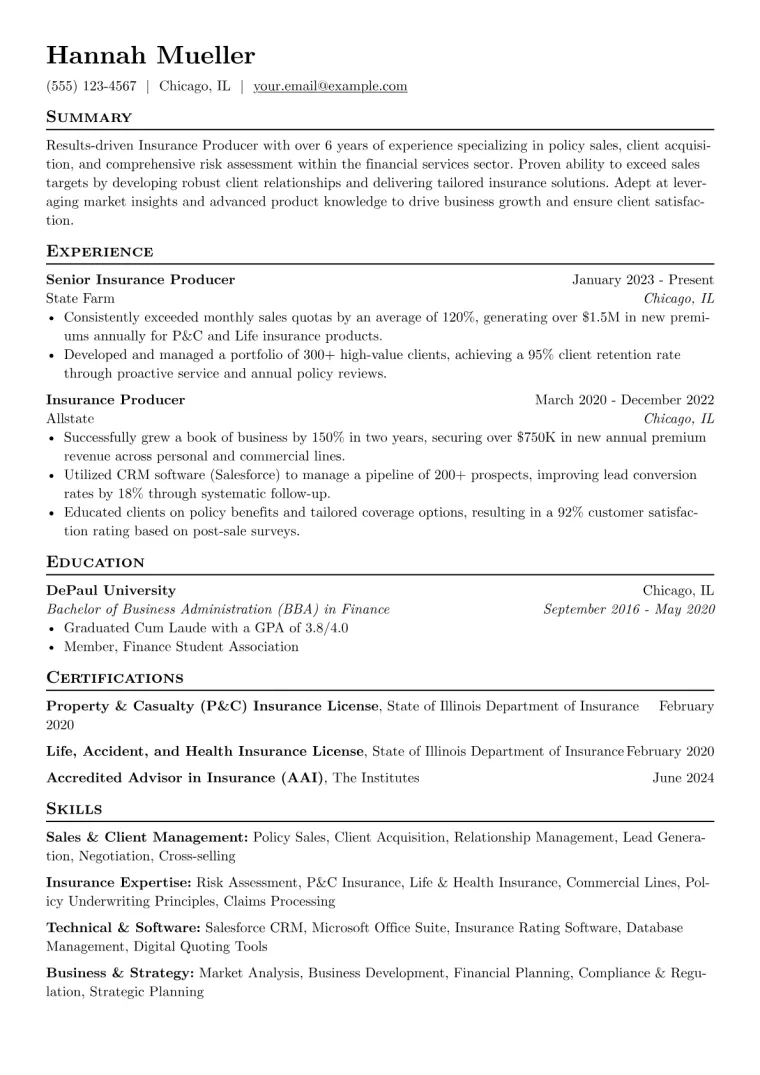 Insurance Producer Resume Example CV template preview