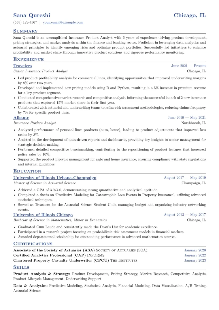 Insurance Product Analyst Resume Example CV template preview
