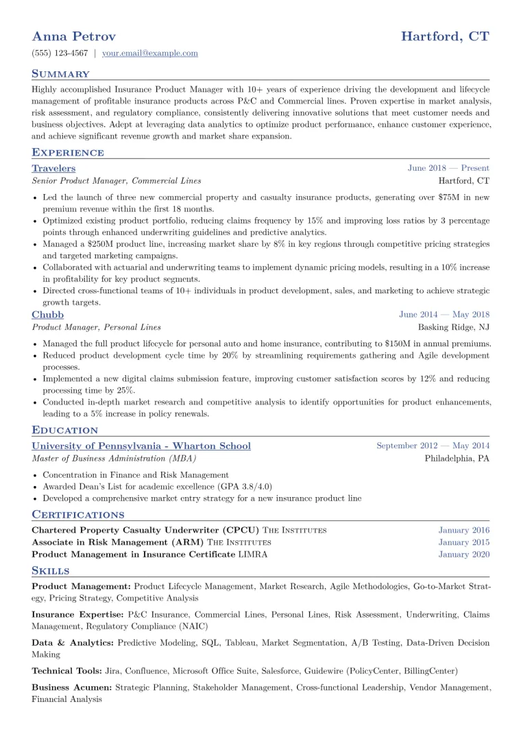 Insurance Product Manager Resume Example CV template preview