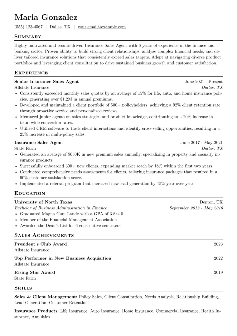 Insurance Sales Agent Resume Example CV template preview