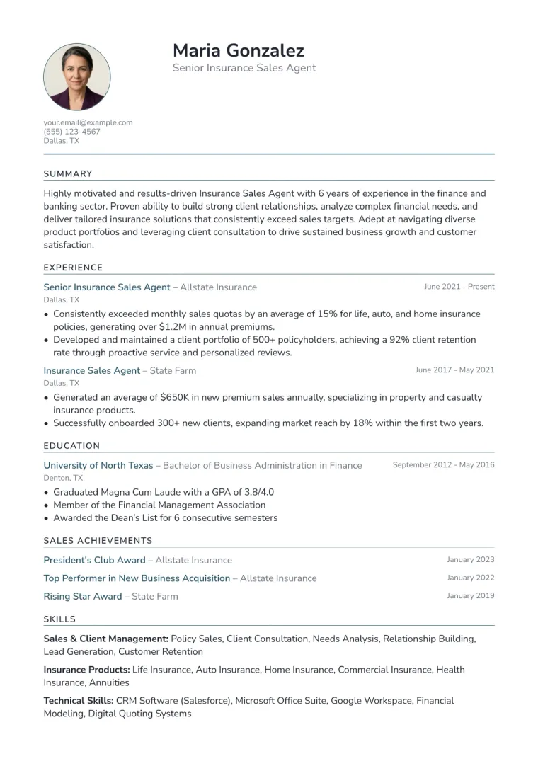 Insurance Sales Agent Resume Example CV template preview