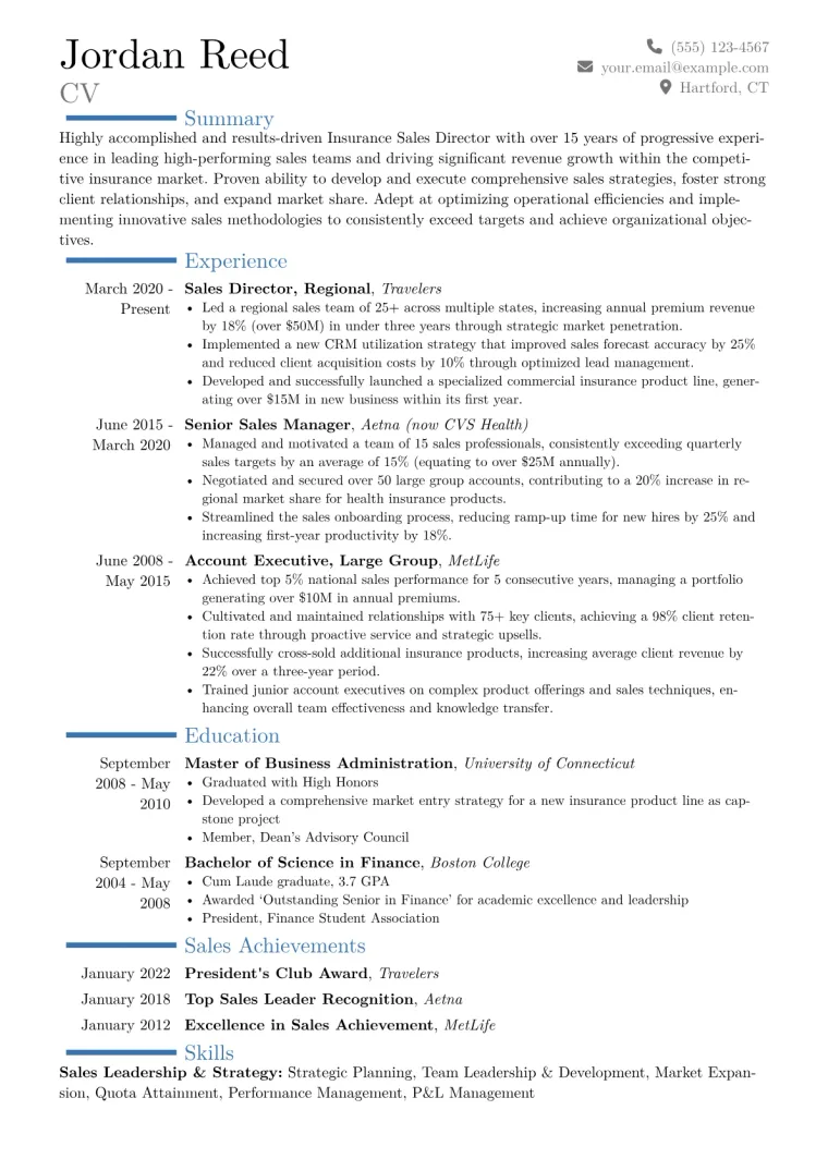 Insurance Sales Director Resume Example CV template preview