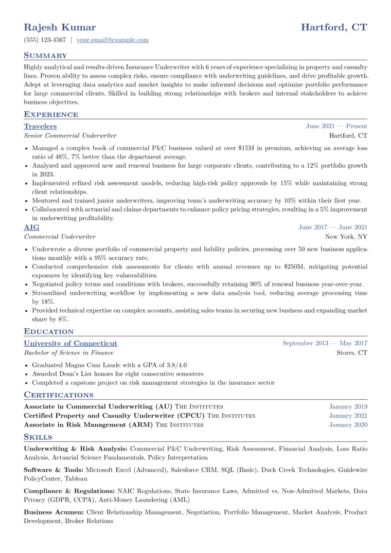Insurance Underwriter Resume Example CV template preview