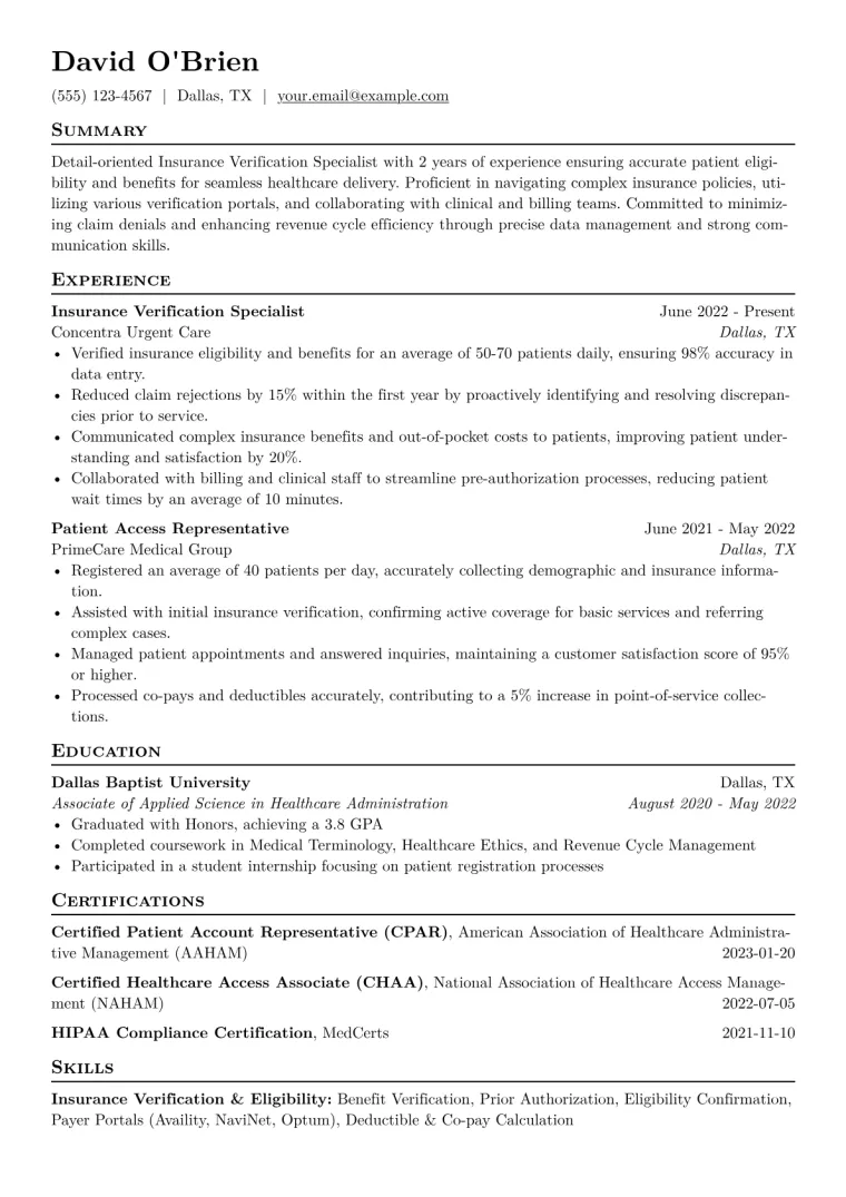 Insurance Verification Specialist Resume Example CV template preview