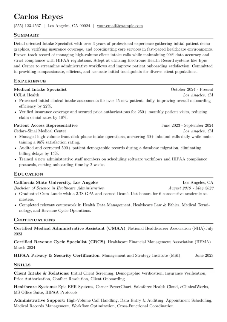 Intake Specialist Resume Example preview