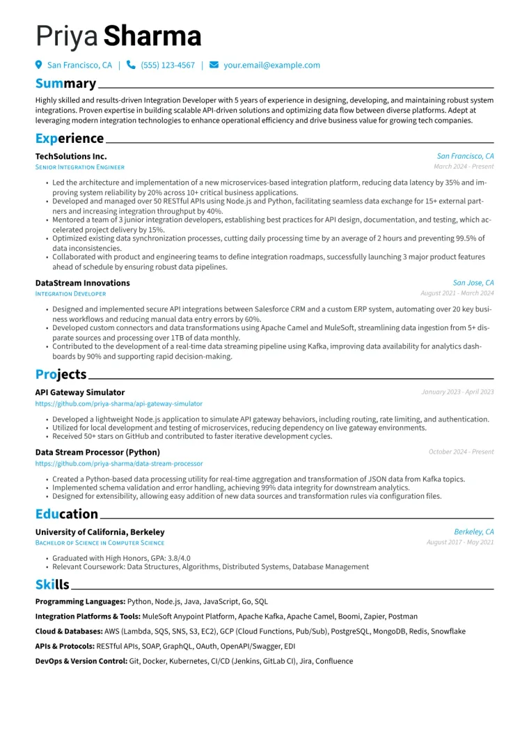 Integration Developer Resume Example CV template preview
