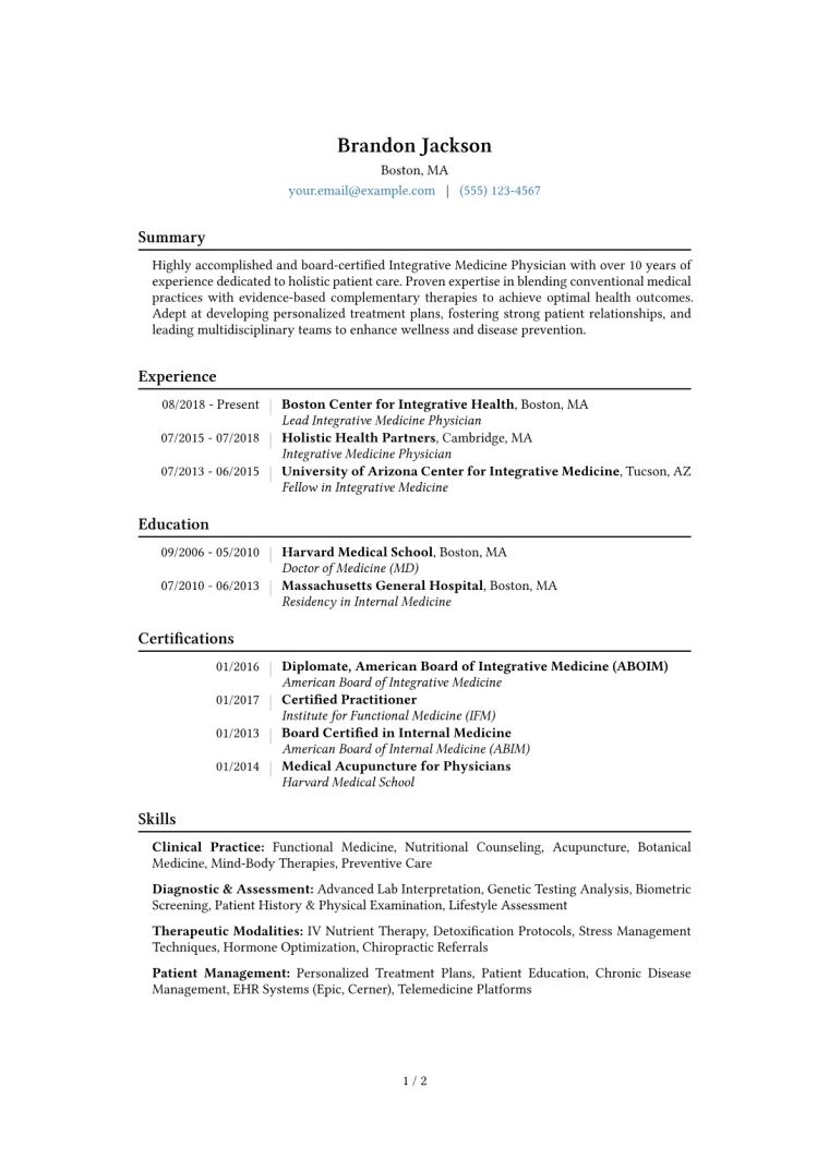 Integrative Medicine Physician Resume Example CV template preview
