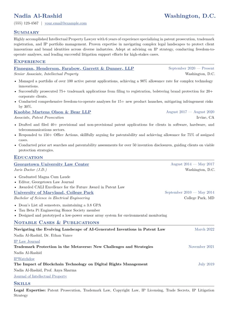 Intellectual Property Lawyer Resume Example CV template preview