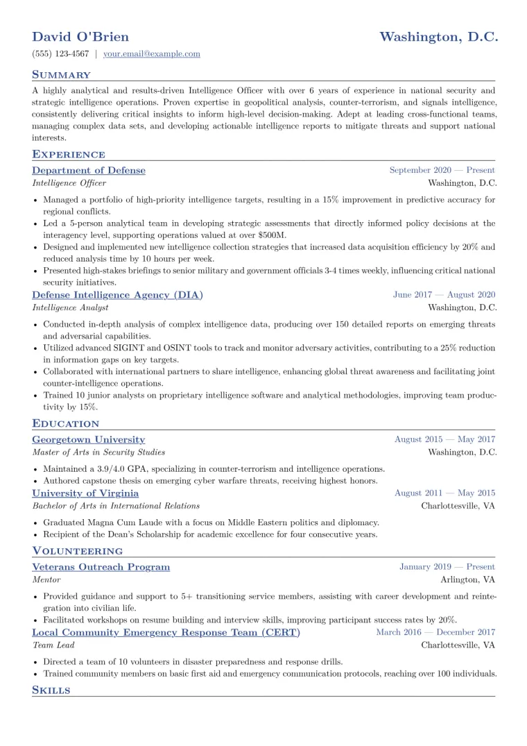 Intelligence Officer Resume Example
