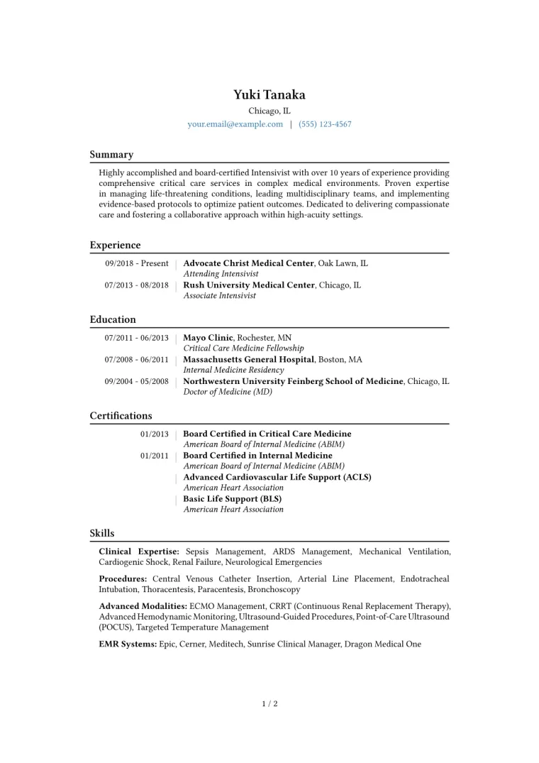 Intensivist Resume Example CV template preview