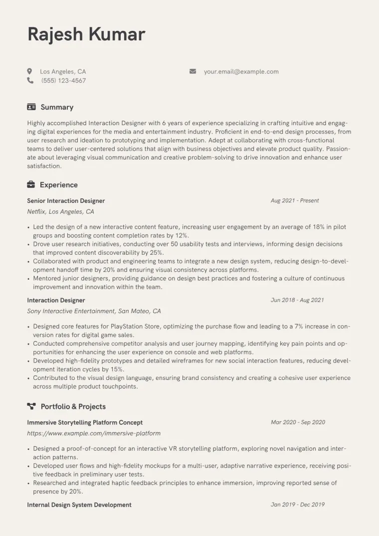 Interaction Designer Resume Example CV template preview