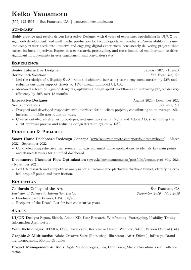 Interactive Designer Resume Example CV template preview