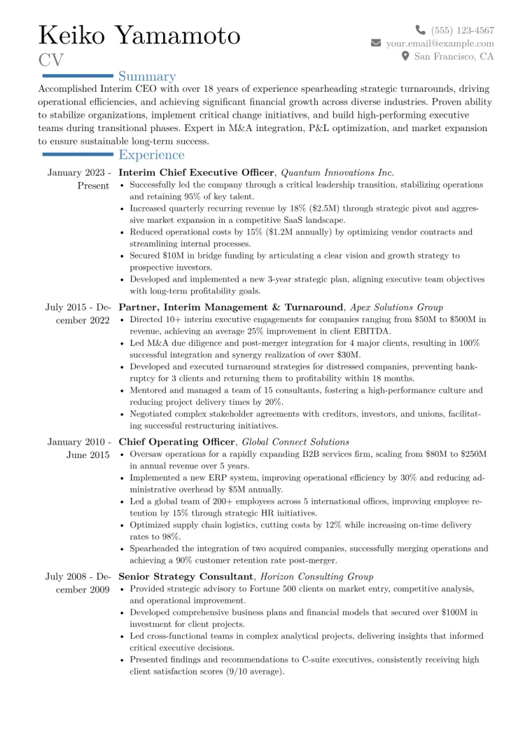Interim CEO Resume Example CV template preview
