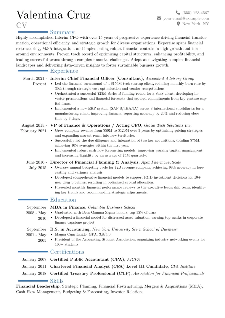 Interim CFO Resume Example CV template preview