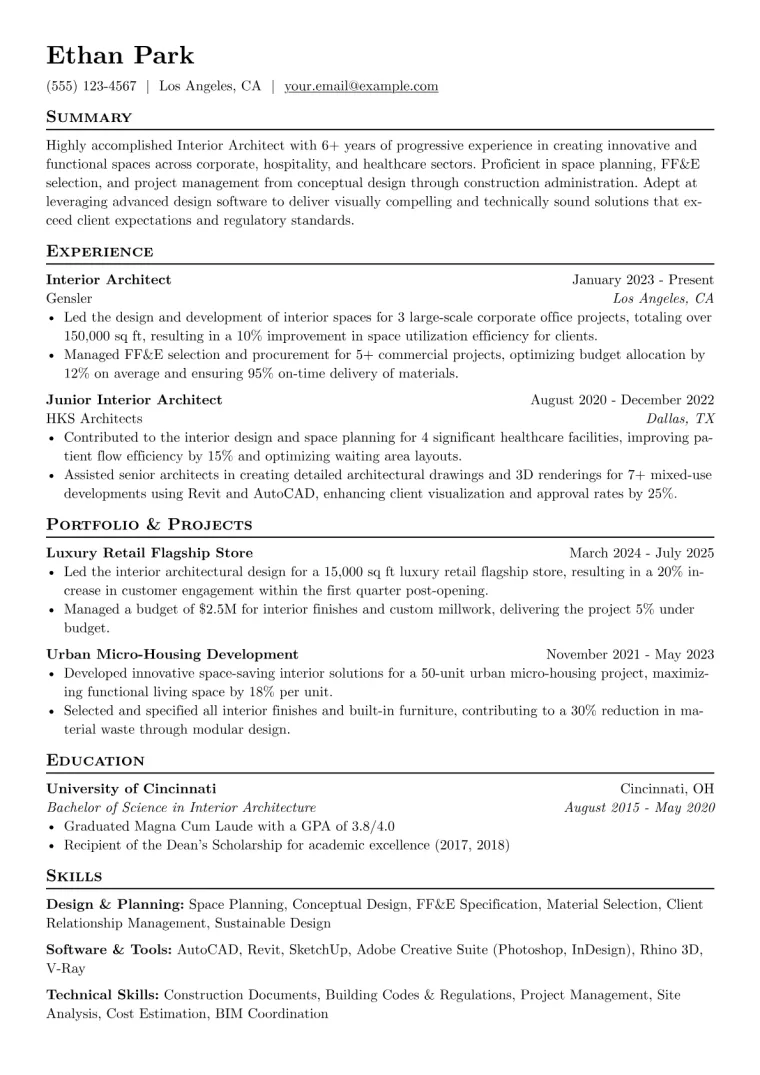 Interior Architect Resume Example CV template preview