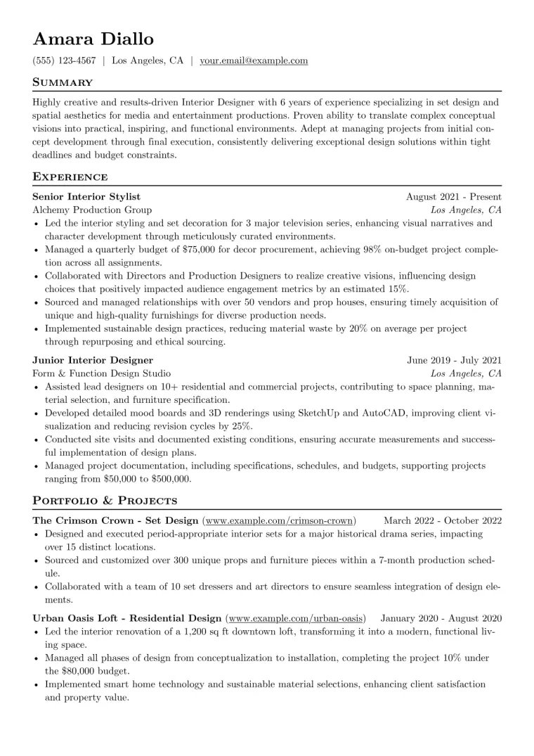 Interior Design Resume Example CV template preview