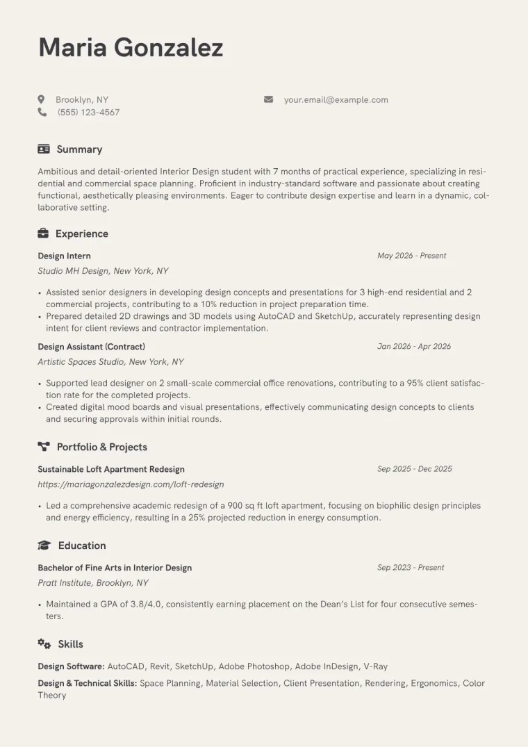 Interior Design Student Resume Example CV template preview