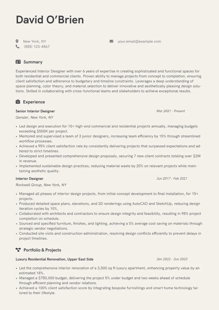 Interior Designer Resume Example CV template preview