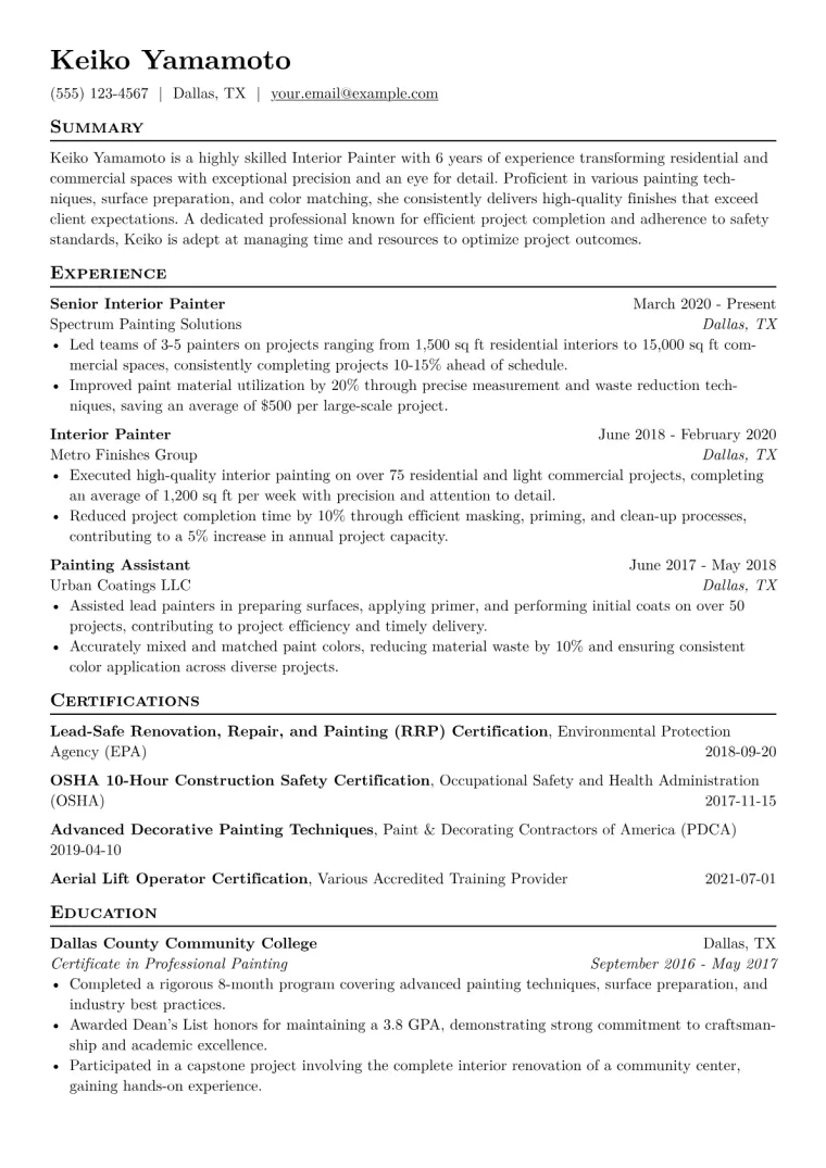 Interior Painter Resume Example CV template preview