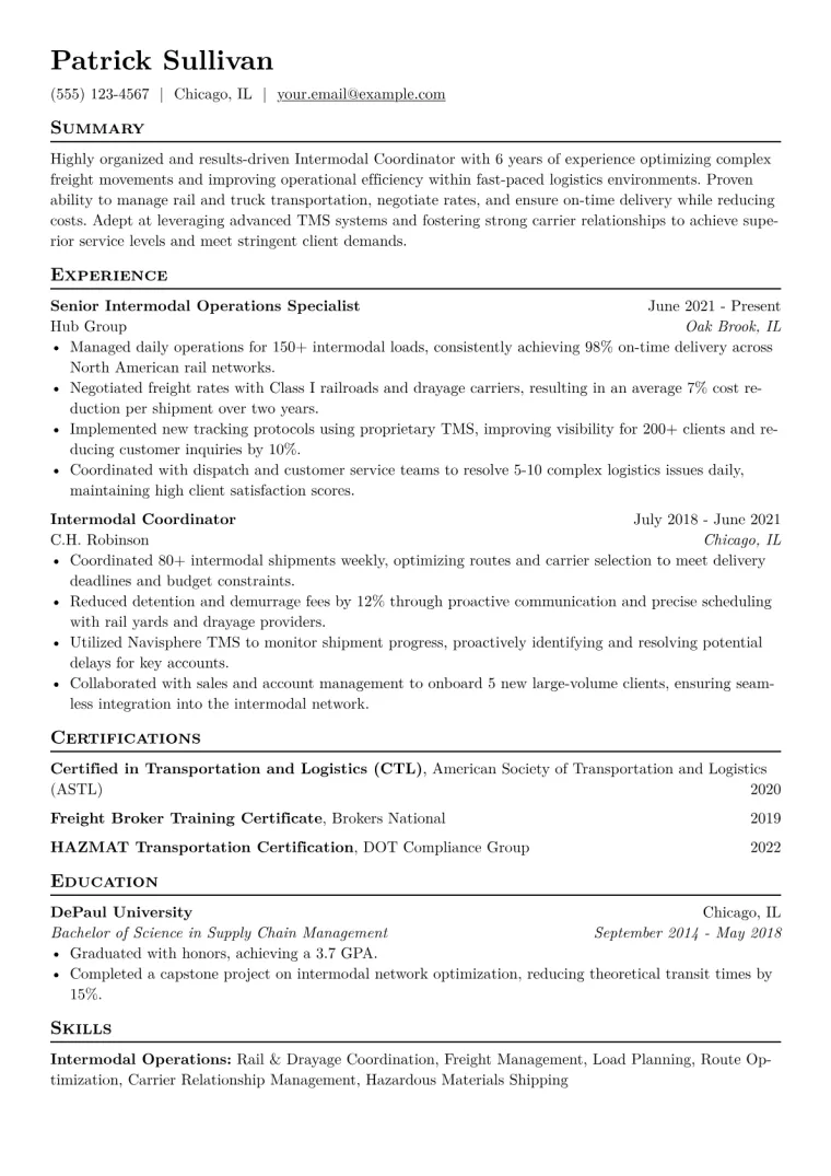 Intermodal Coordinator Resume Example CV template preview