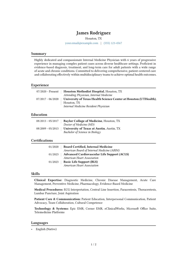 Internal Medicine Physician Resume Example CV template preview