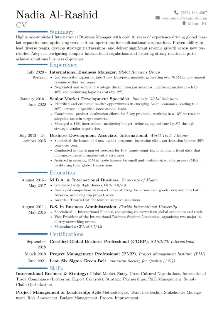 International Business Manager Resume Example CV template preview