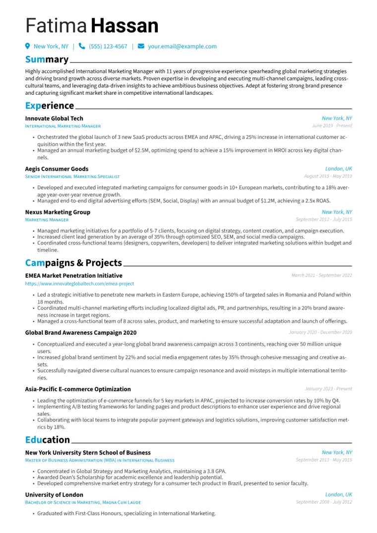 International Marketing Manager Resume Example CV template preview