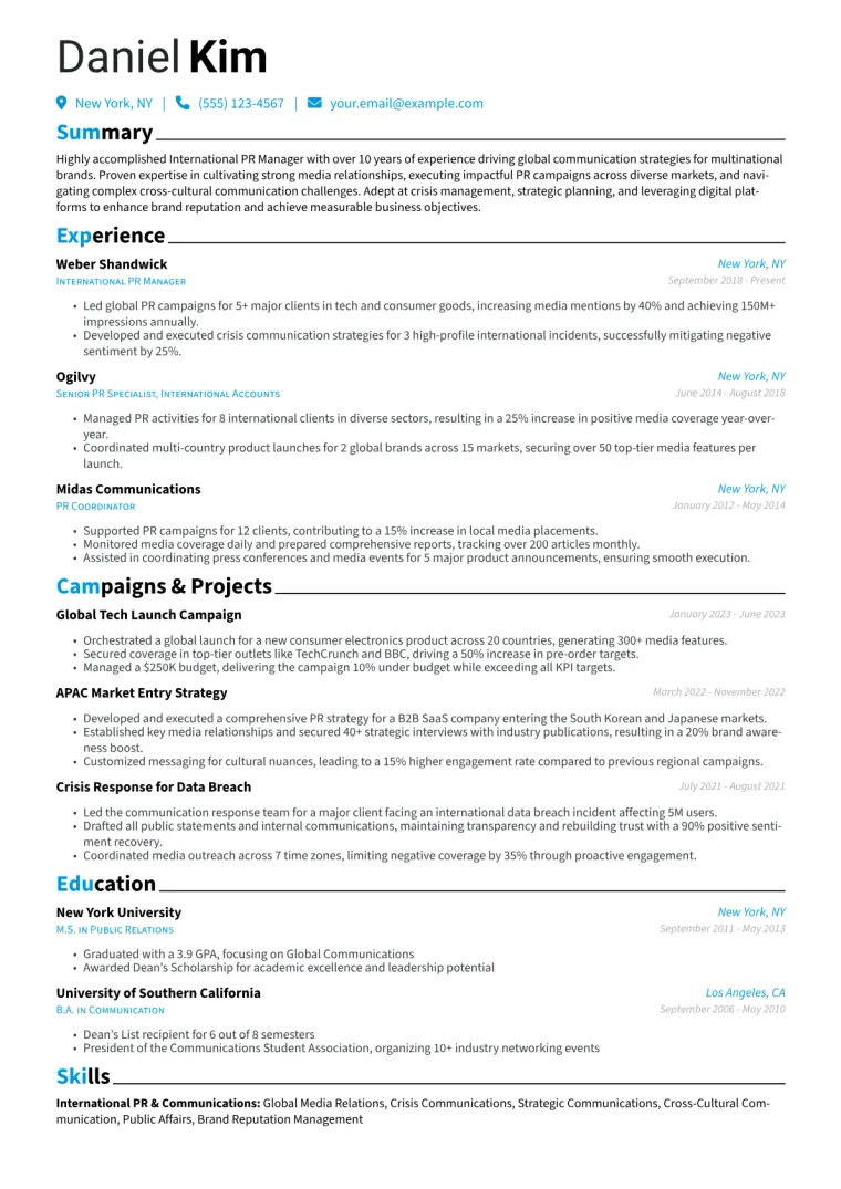 International PR Manager Resume Example CV template preview