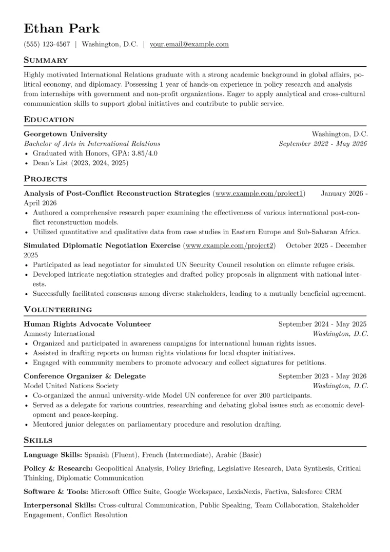International Relations Resume Example CV template preview
