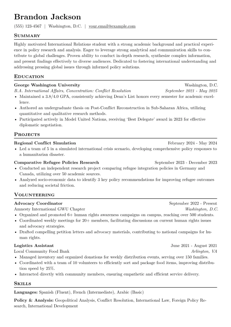 International Relations Student Resume Example CV template preview