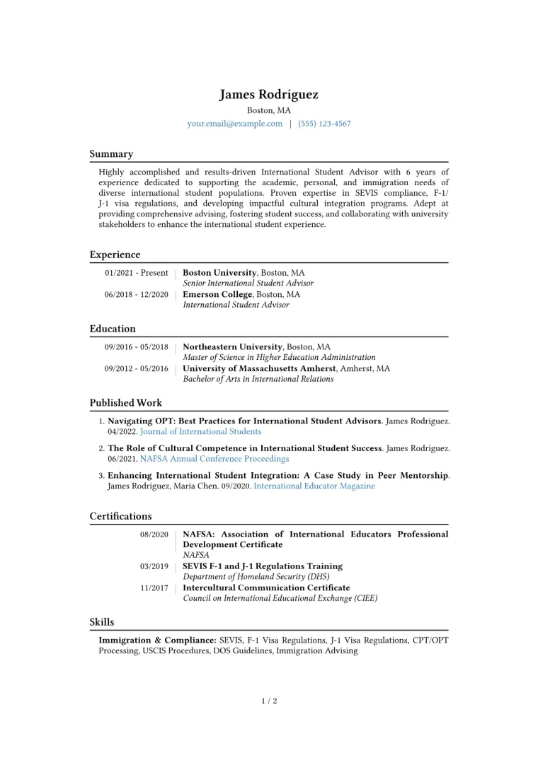 International Student Advisor Resume Example CV template preview