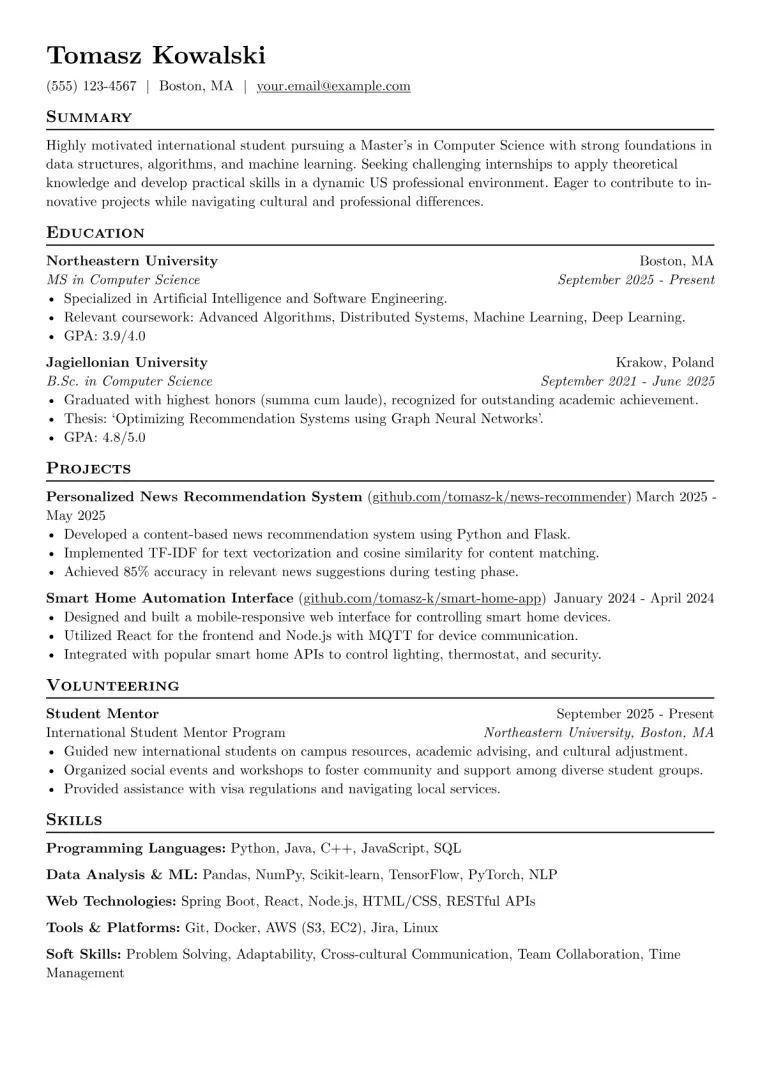 International Student Resume Example CV template preview
