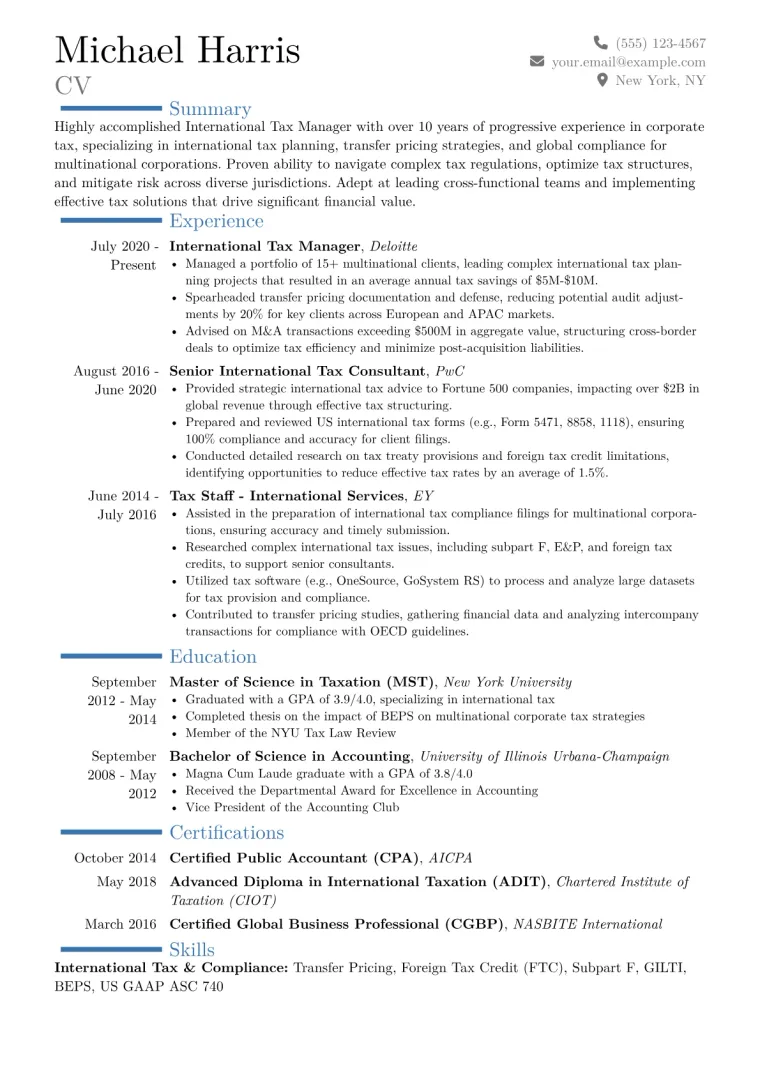 International Tax Manager Resume Example CV template preview