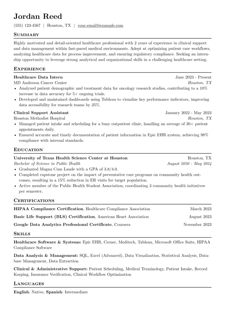 Internship Resume Example CV template preview