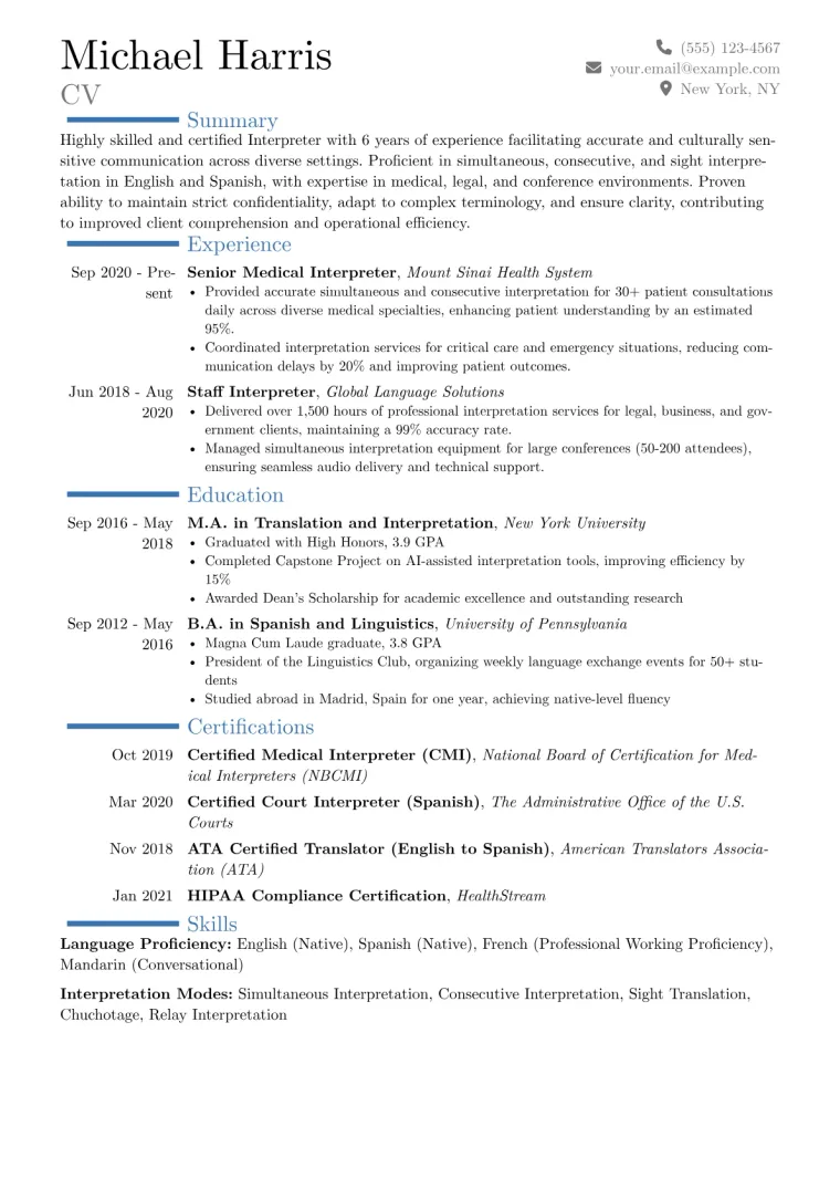 Interpreter Resume Example CV template preview