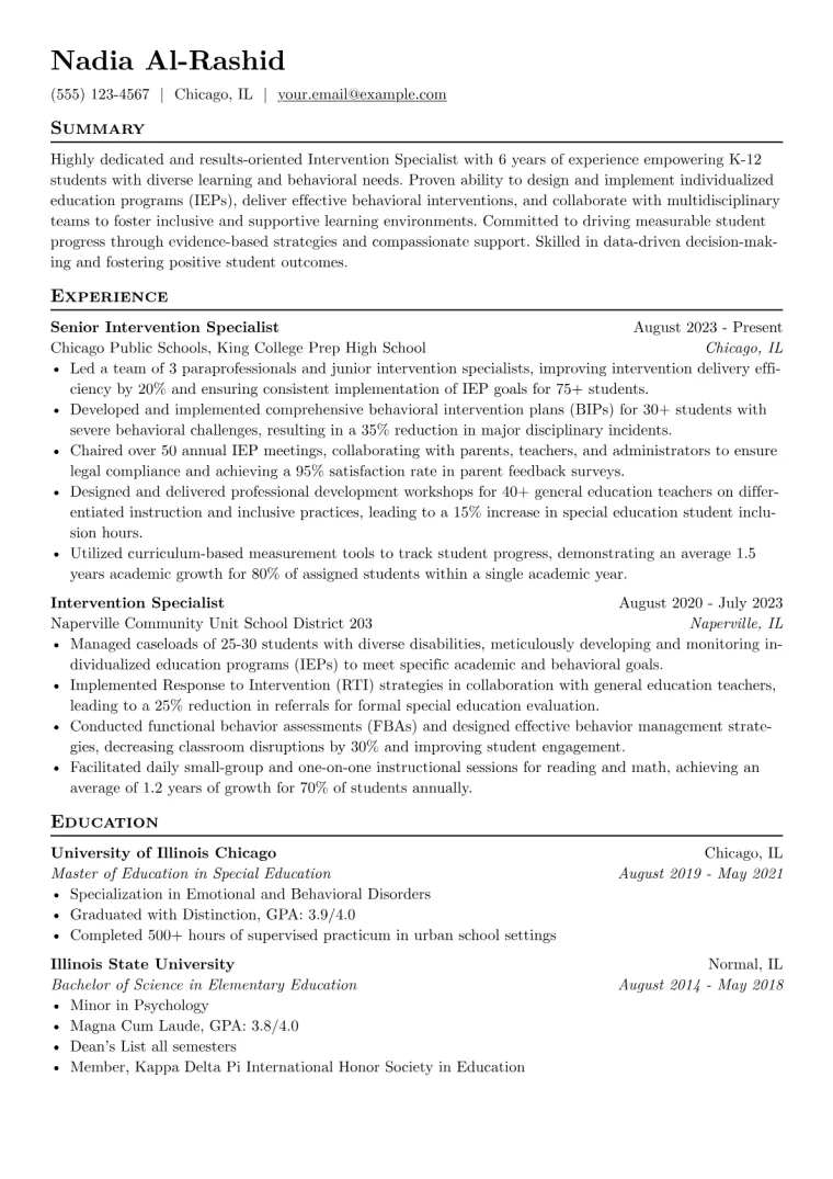 Intervention Specialist Resume Example CV template preview