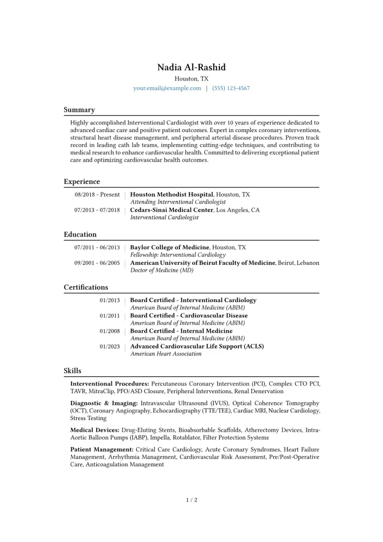 Interventional Cardiologist Resume Example CV template preview