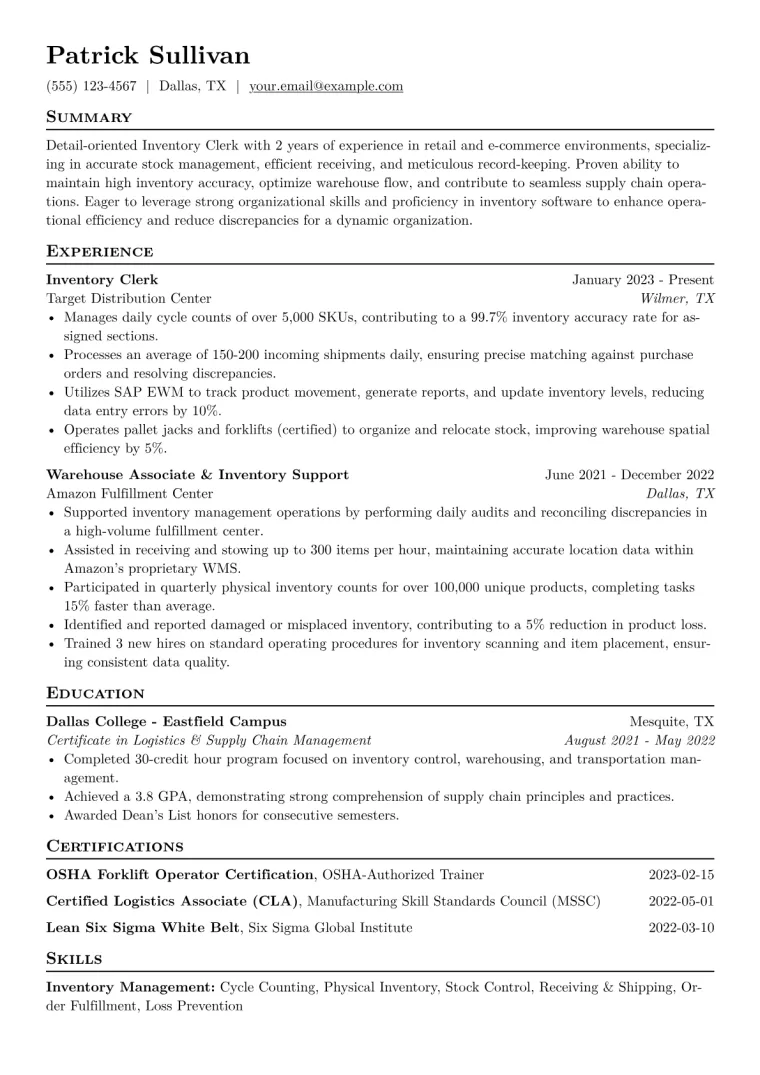 Inventory Clerk Resume Example CV template preview