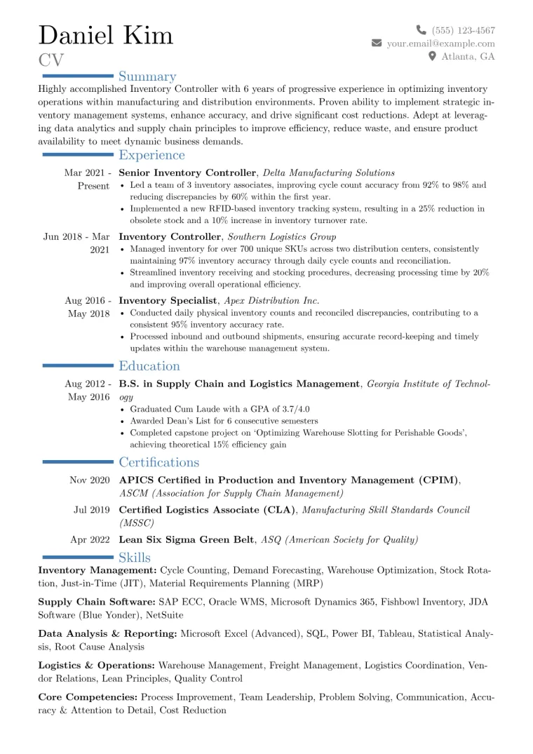 Inventory Controller Resume Example CV template preview