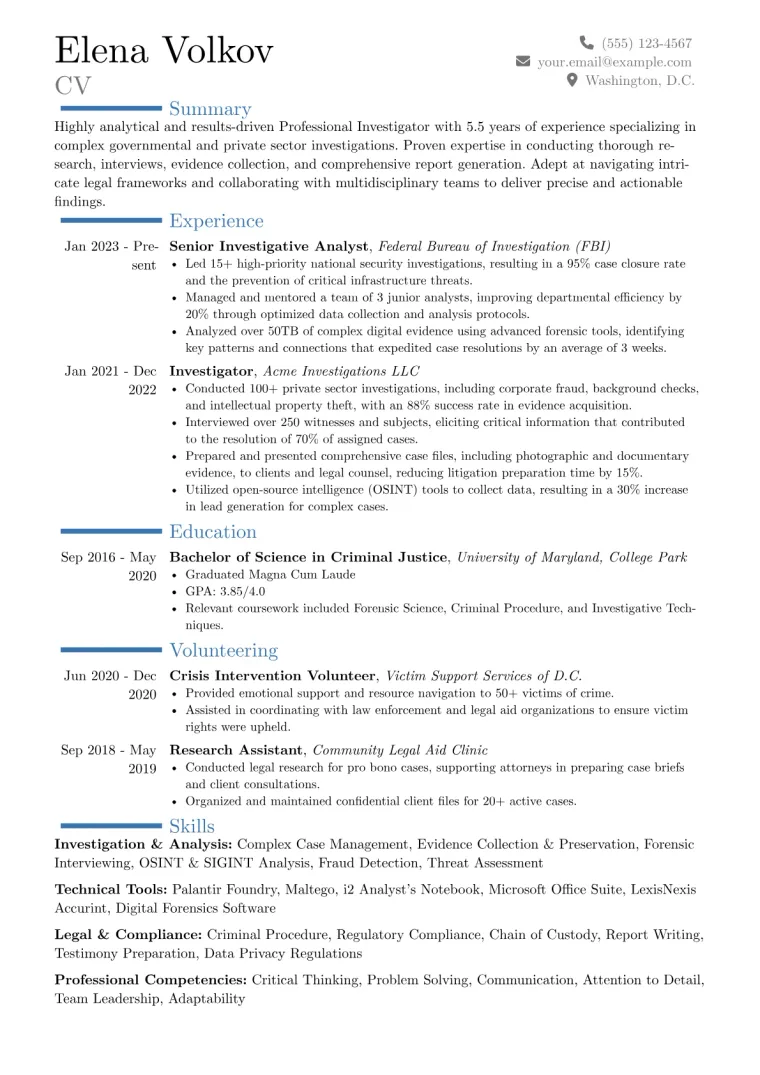 Investigator Resume Example CV template preview