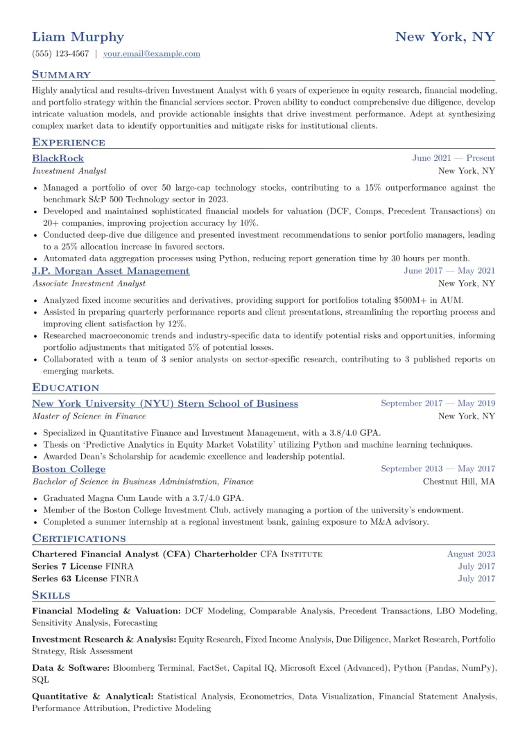 Investment Analyst Resume Example CV template preview