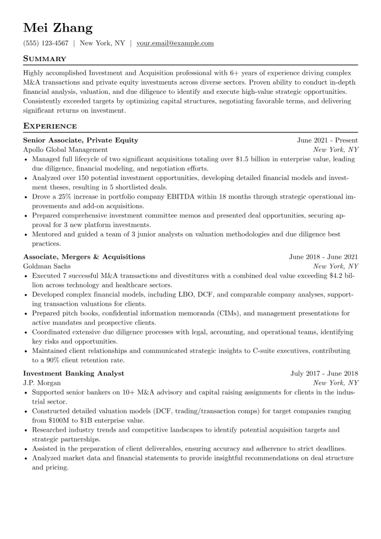 Investment and Acquisition Resume Example CV template preview